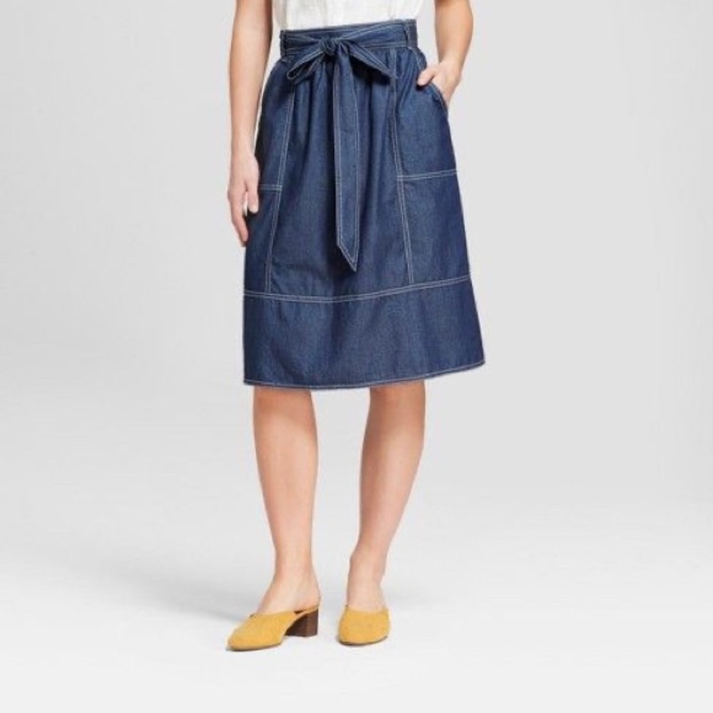 Denim Blue Paperbag Midi Skirt With White Detail
